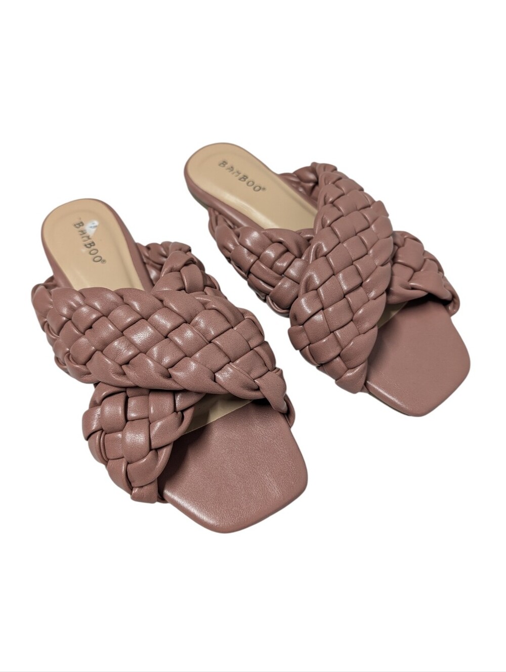 Bamboo Braided Woven Slide Sandals Mauve Taupe Faux Leather Square Toe Size 7